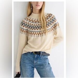 J.Crew Cream Fair Isle Mockneck Pullover Lambs Wool Cozy Sweater